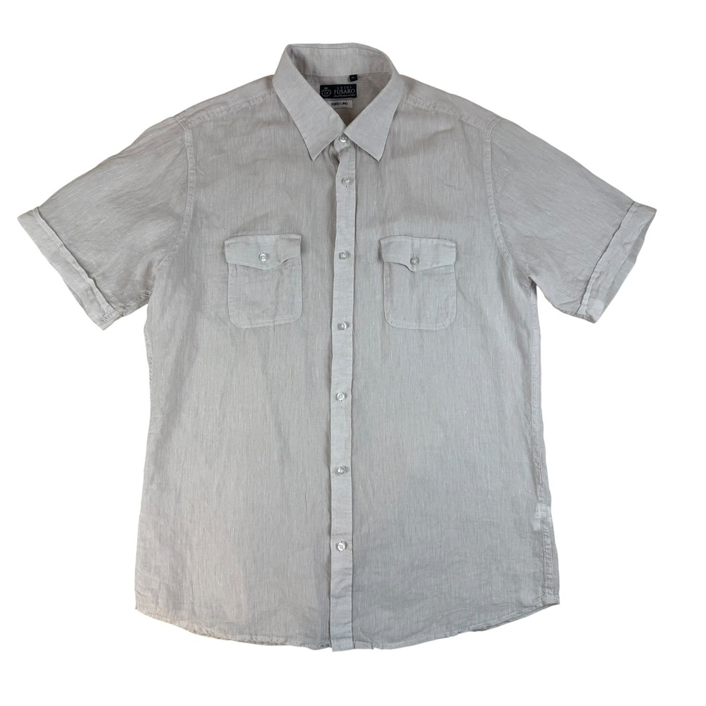 Luigi Fusaro XL Shirt Coastal Linen Beige Short Sleeve Pockets 100% Linen